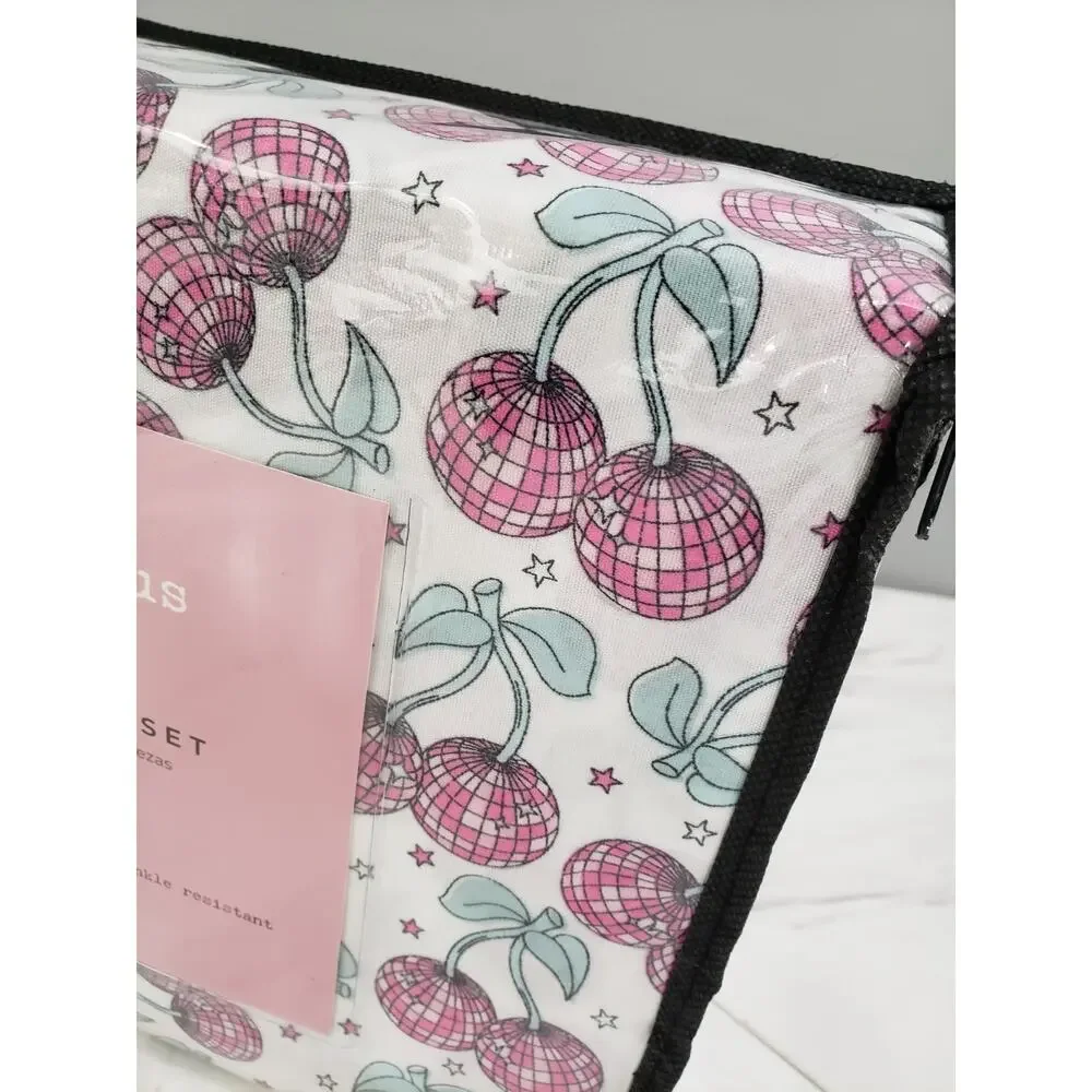 NEW Disco Ball CHERRY print bed sheets full size girl bedroom pink fruit‎ girly
